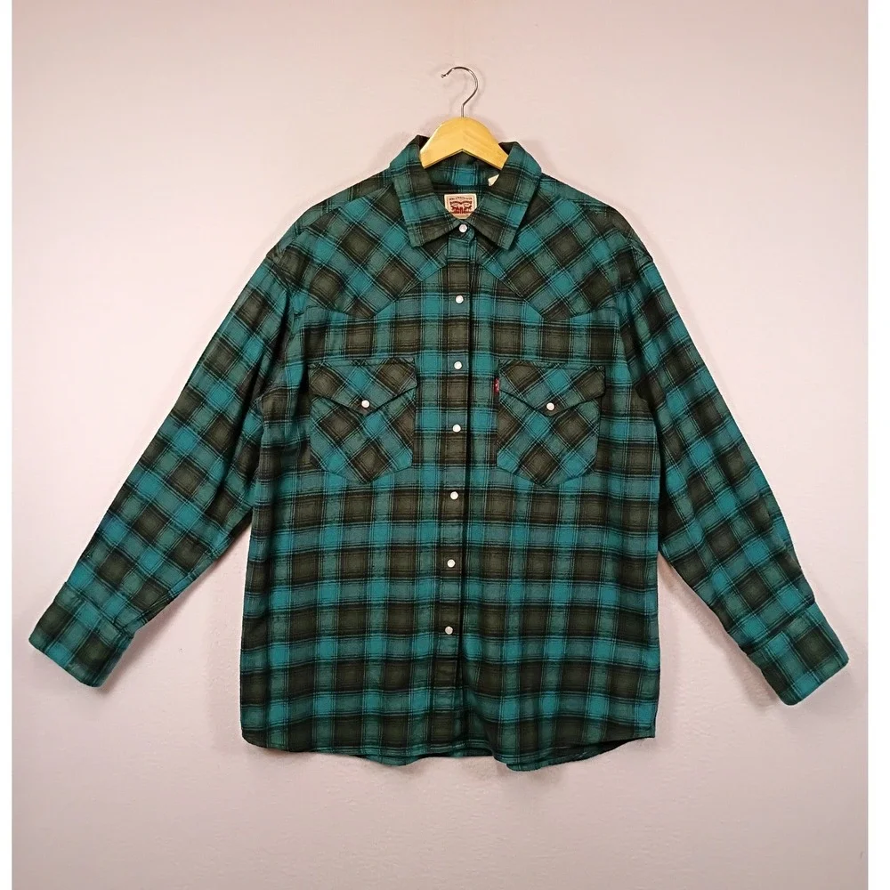 Western Grunge Levis Mens Large Teal Plaid Pearl Snap Flannel Work Shirt L